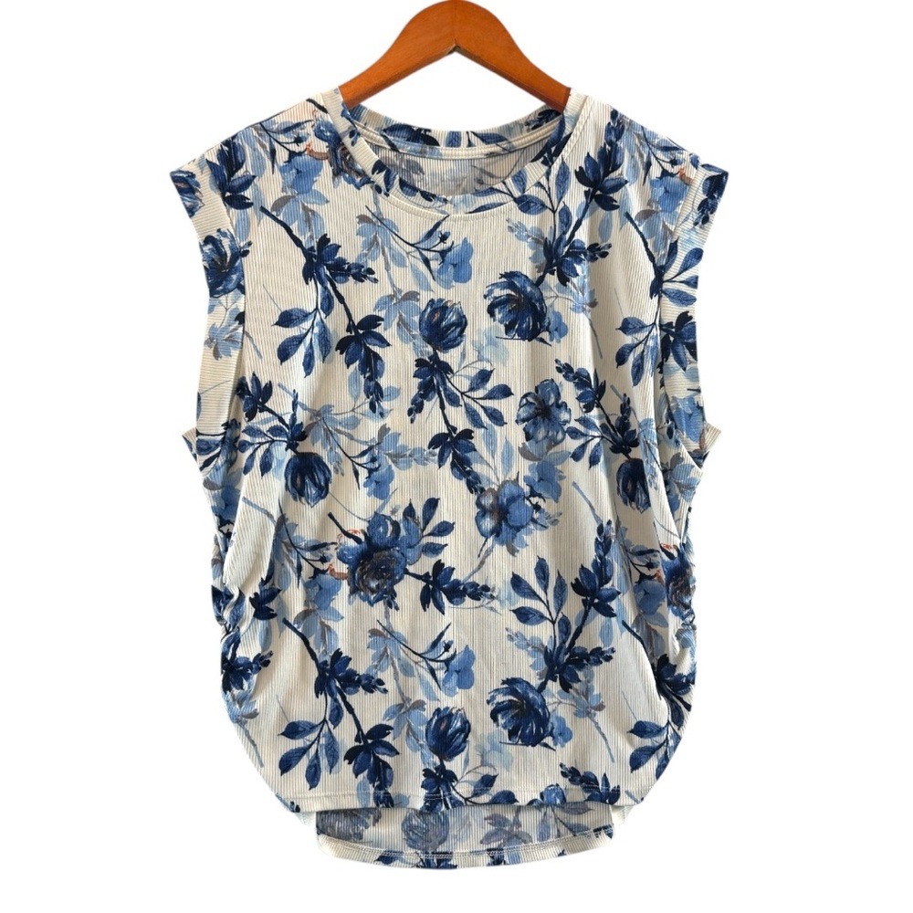 RACHEL Rachel Roy Cream Sleeveless Top with Blue Floral Print Size M